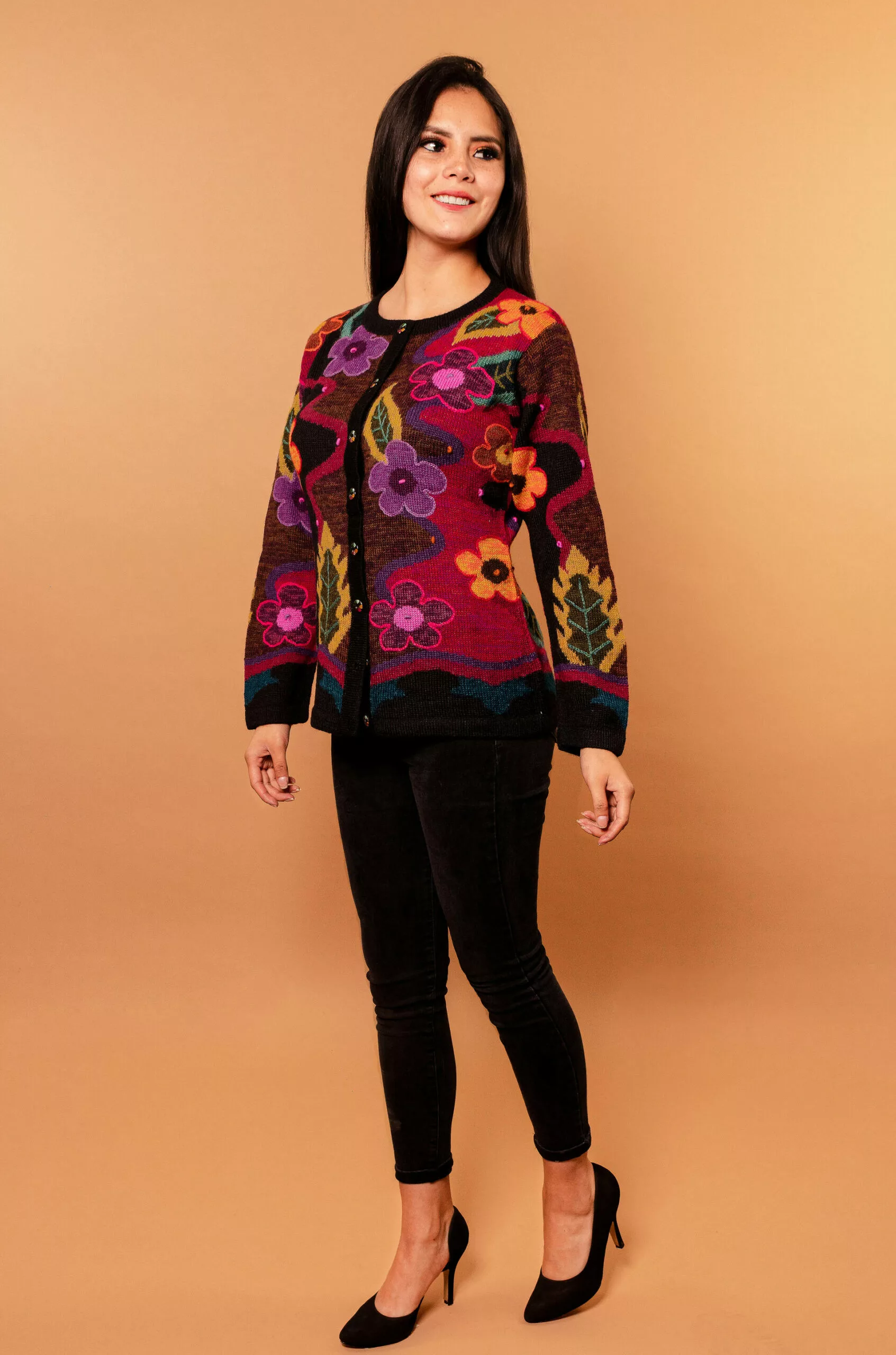 Gilet Femme - en alpaga - fleur de "Cantuta"